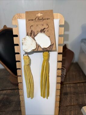 Cheekys White Stone Earrings with Mustard Tassels